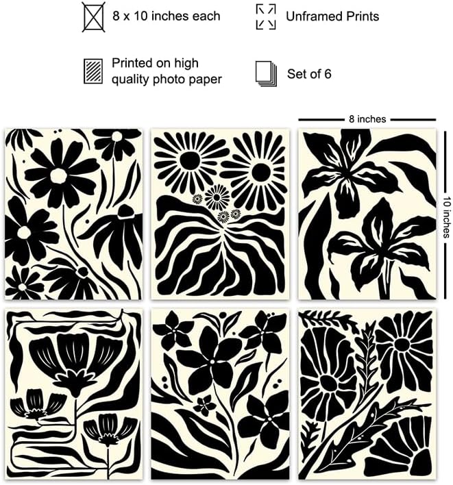 Black and White Wall Art & Decor - Black Wall Art - Bathroom Decor - Bathroom Decor - Minimalist - Aesthetic Prints - Abstract Art - Flower Market Poster Set UNFRAMED Prints