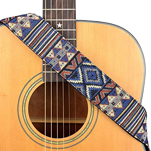 CLOUDMUSIC Guitar Strap Fabric Series Cotton Guitar Strap For Acoustic Guitar Electric Bass With 4pcs Guitar Picks Free?Geometrical Pattern In Blue)