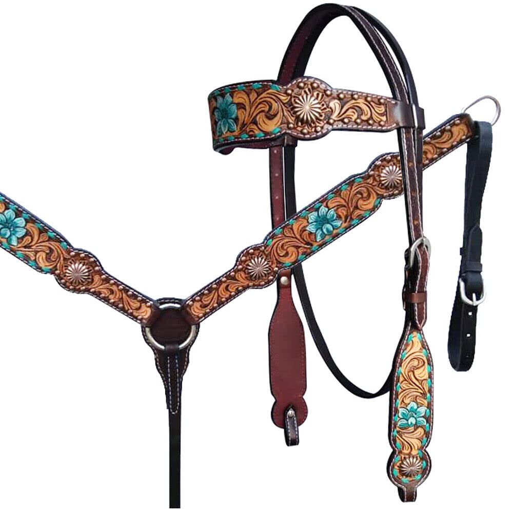 Western Saddle Horse Bridle Bridle Chest Collar Tack Set Leather Flowers Tooled Handmade Breastplate ME-HBC-116F Full Size