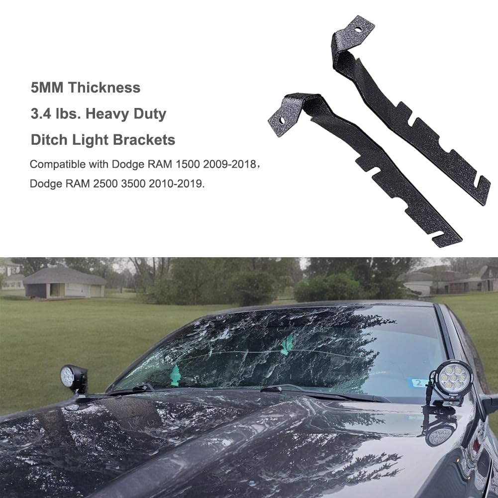 Teurroie Hood Hinge Ditch Work Light Mounting Brackets for 2009-2018 Dodge Ram 1500 2500 3500, Auxiliary Offroad LED Pod Headlight Side Mount
