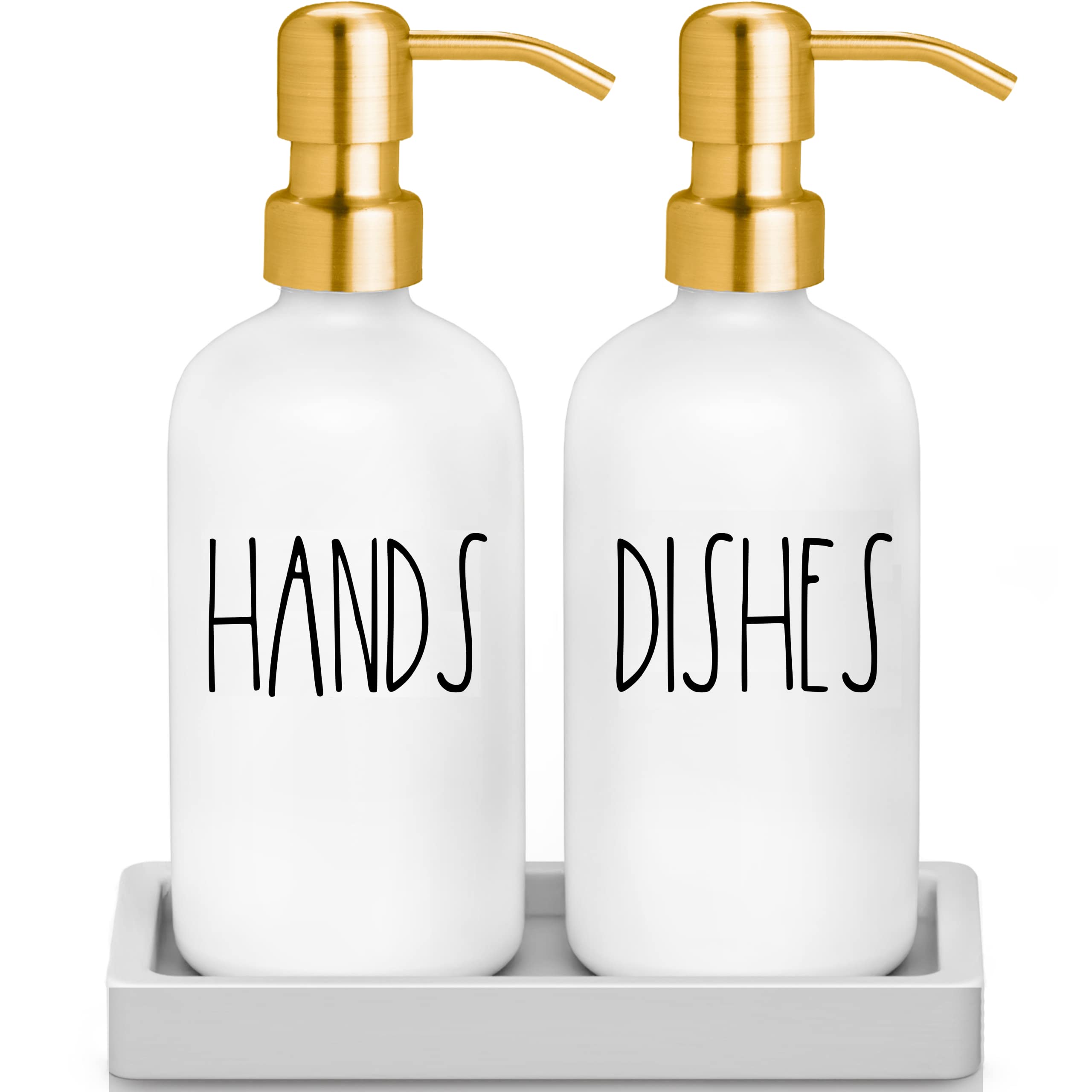 Luxury Gold Soap Dispenser for Kitchen Sink by Brighter Barns - White Glass Kitchen Soap Dispenser Set with Tray & Stainless Steel Pump - Modern Farmhouse Decor, White and Gold Kitchen Accessories