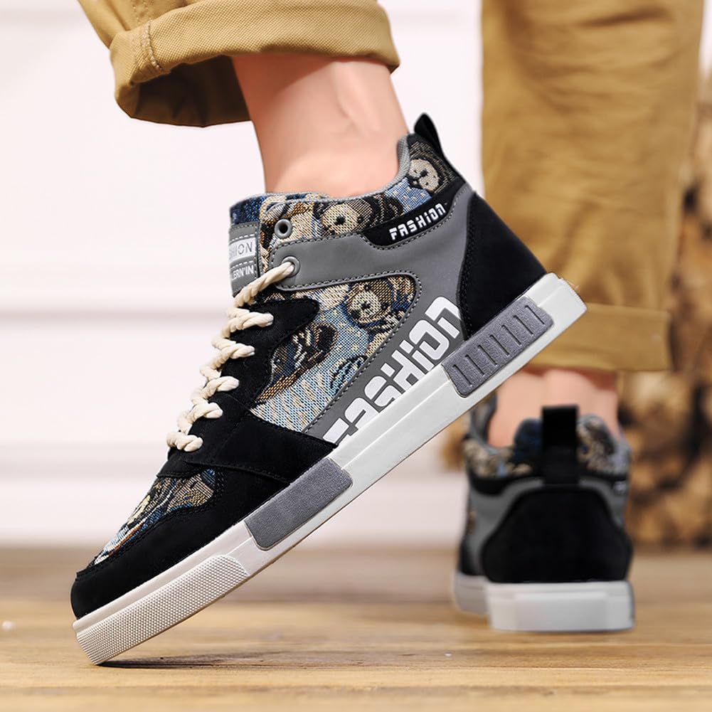 Men's Fashion High Top Chinese Style Skate Sneakers Stylish Comfortable Skateboarding Road Running Walking Shoes: 12.5 Black Grey