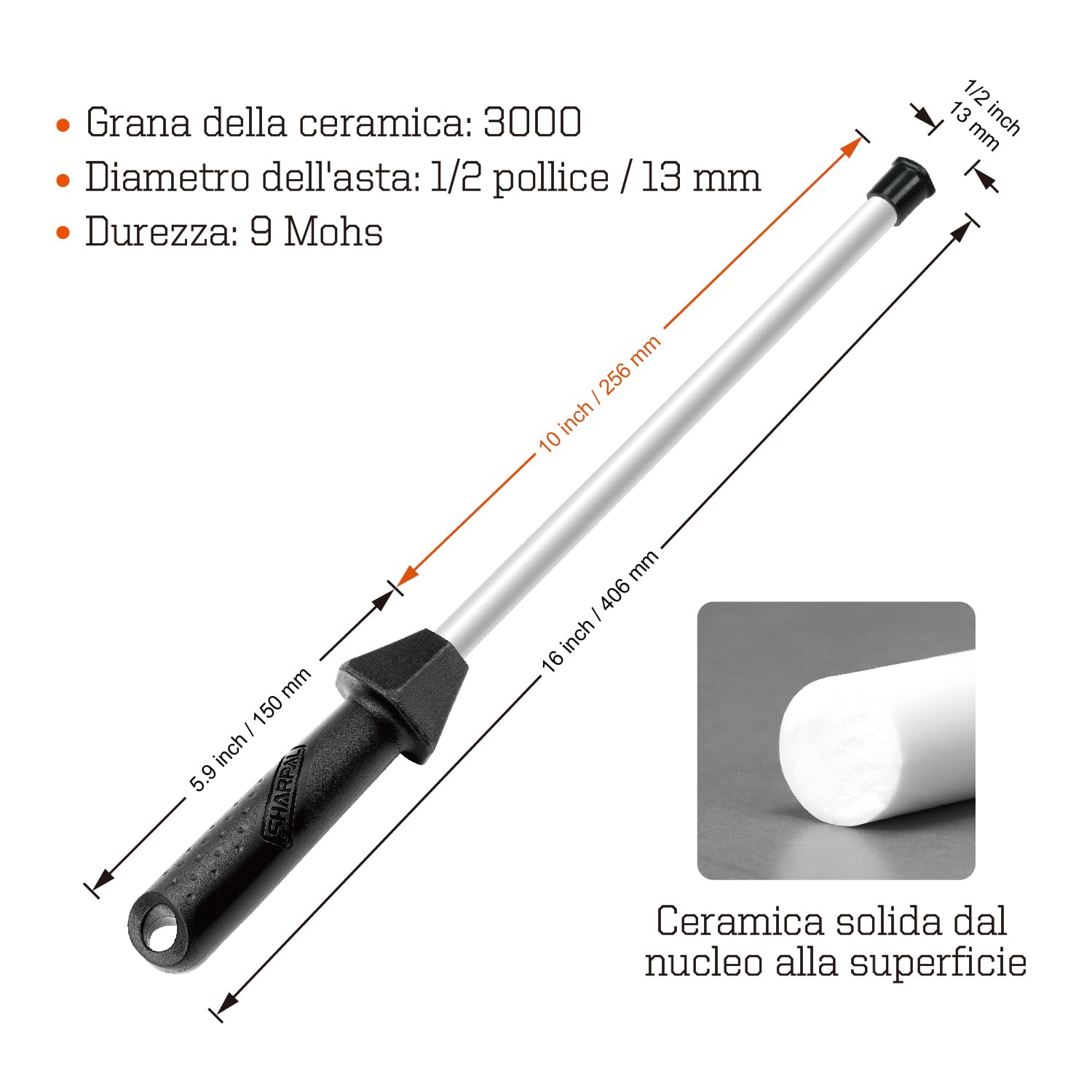 SHARPAL 118H Affilatura professionale in ceramica, asta per acciaio, bastone per coltelli da cucina con tappo anti-rottura, guida angolare integrata, grana 3000