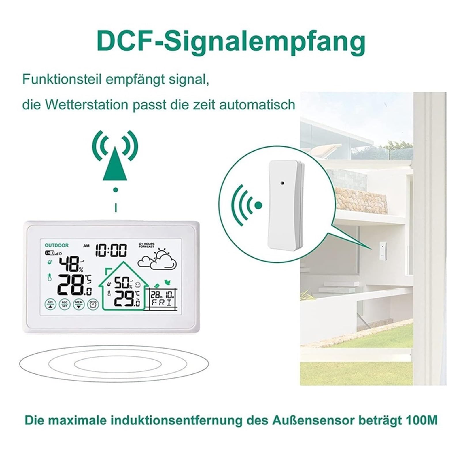 Bezprzewodowa stacja pogodowa dotykowy LCD cyfrowy zegar ścienny DCF In/Outdoor termometr higrometr Trend Comfort Forecast Sensor