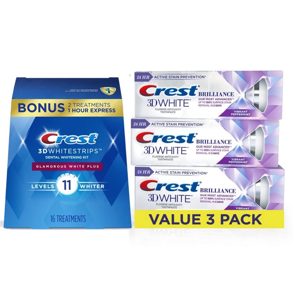 Crest 3D Whitestrips Glamorous White, Teeth Whitening Kit, 16 Treatments (32 Individual Strips) + 2 Bonus 1-Hour Express Treatments and 3D White Brilliance Toothpaste (Pack of 3)