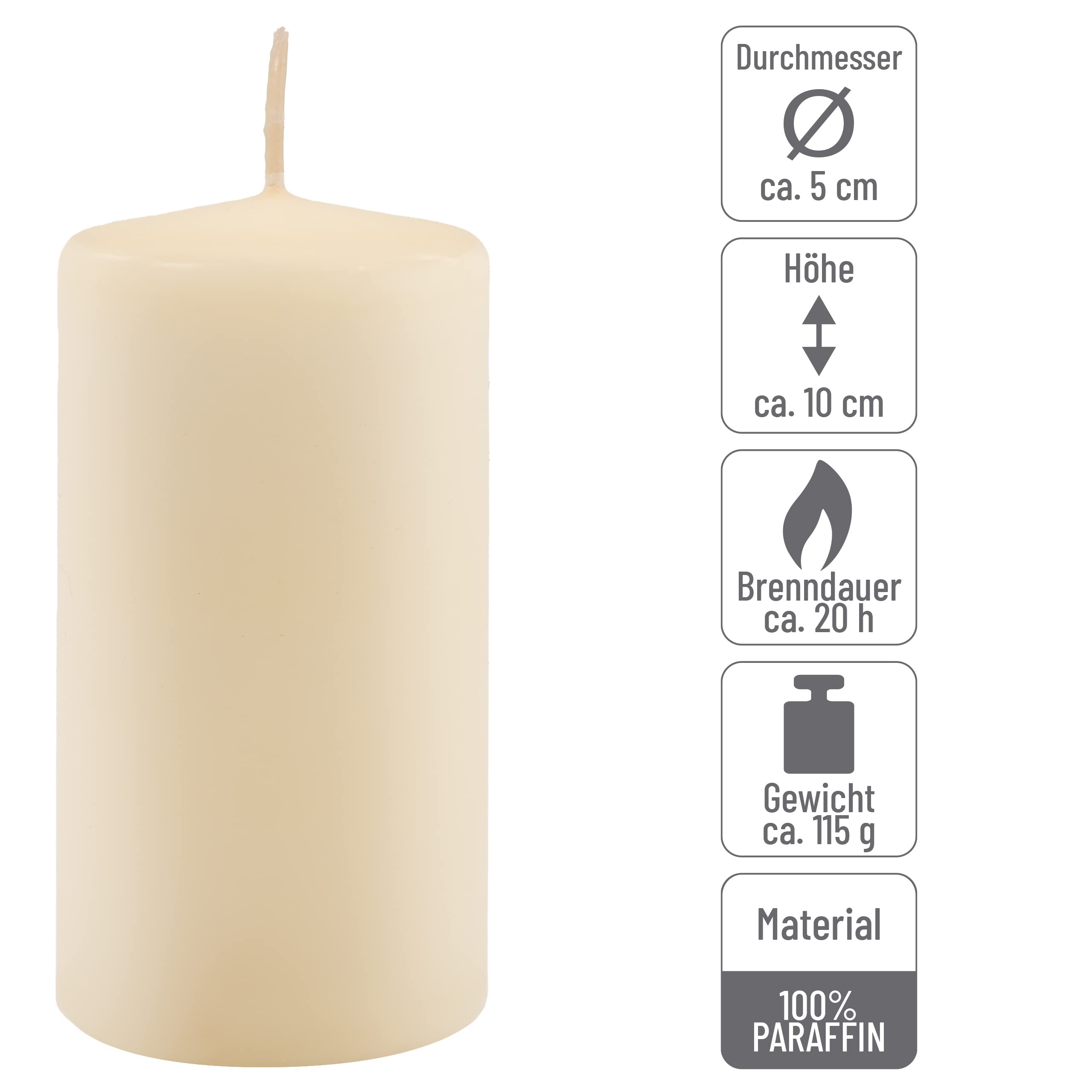 Stumpenkerze creme Höhe 10 cm Ø 5 cm lange Brenndauer Rund-Kerze Säulenkerzen Kerzen-Deko Tafelkerzen Weihnachts-Kerzen Hochzeits-Deko (16)