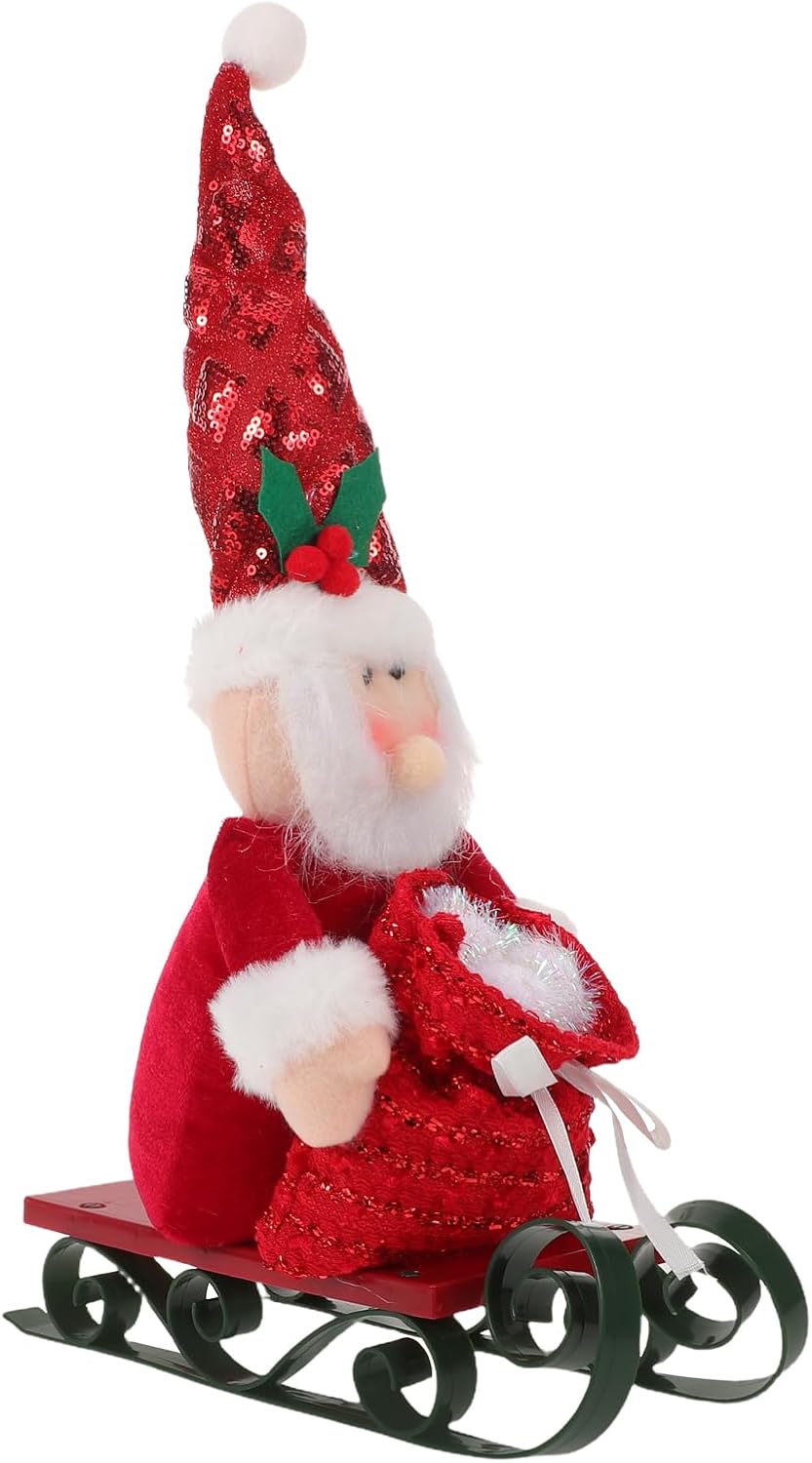 LOGOFUN Cute Santa Claus Sled Figurine with Red Glitter Hat Christmas Desktop Ornament for Holiday Home Decorations and Festive Table Display
