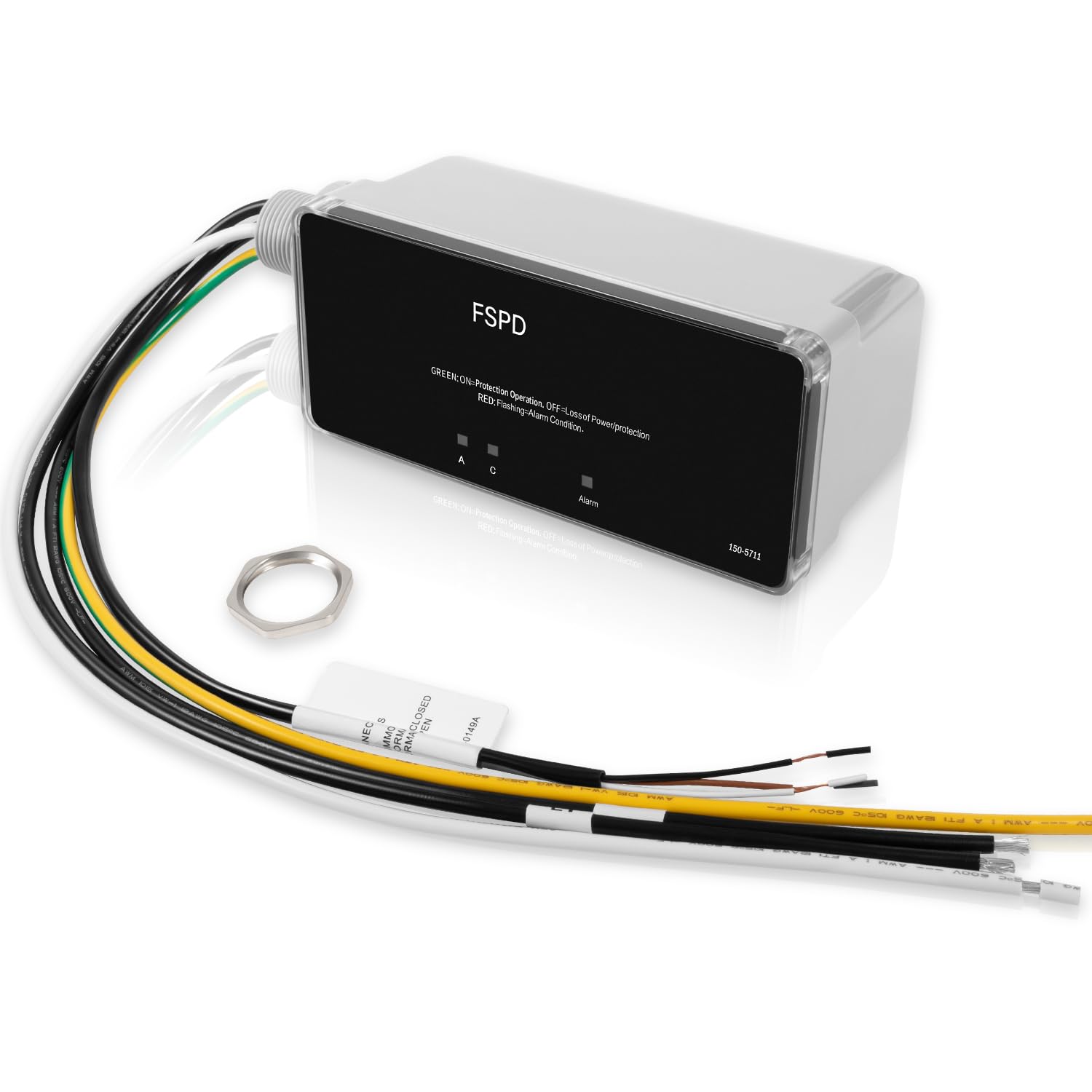 USSKYBOY FSPD140 Whole House Surge Protector showing its features: quick response, audible alarm, indicator light, flexible installation, and 140,000 Amps rating.