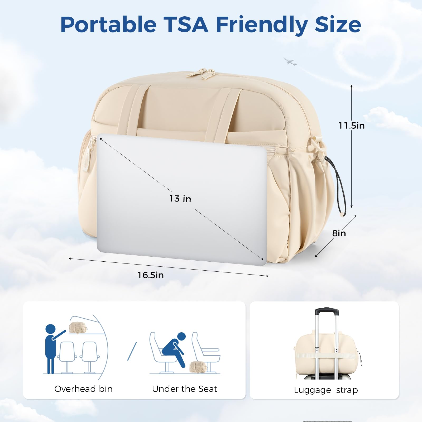 Sac de Voyage Femme Homme Sac de Sport Puffer Matelassé avec Compartiment à Chaussures et Poche Humide, Sacs Cabine Bagage à Main Bag Léger pour Nuit Weekend Hôpital Avion, Beige