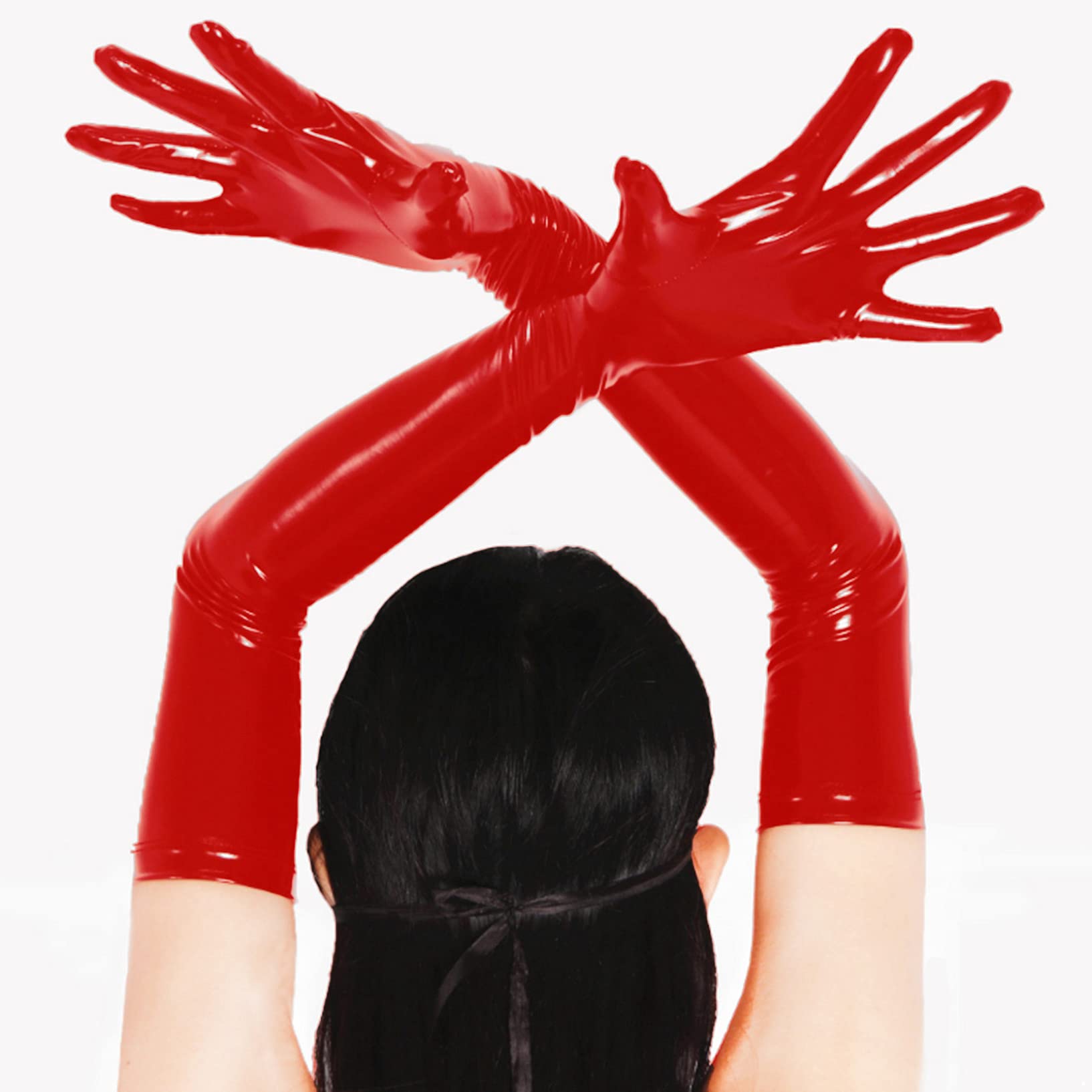Doomiva Wetlook Wetlook - Guanti lunghi da donna, in ecopelle, da sera, per adulti, per feste, T rosso., S
