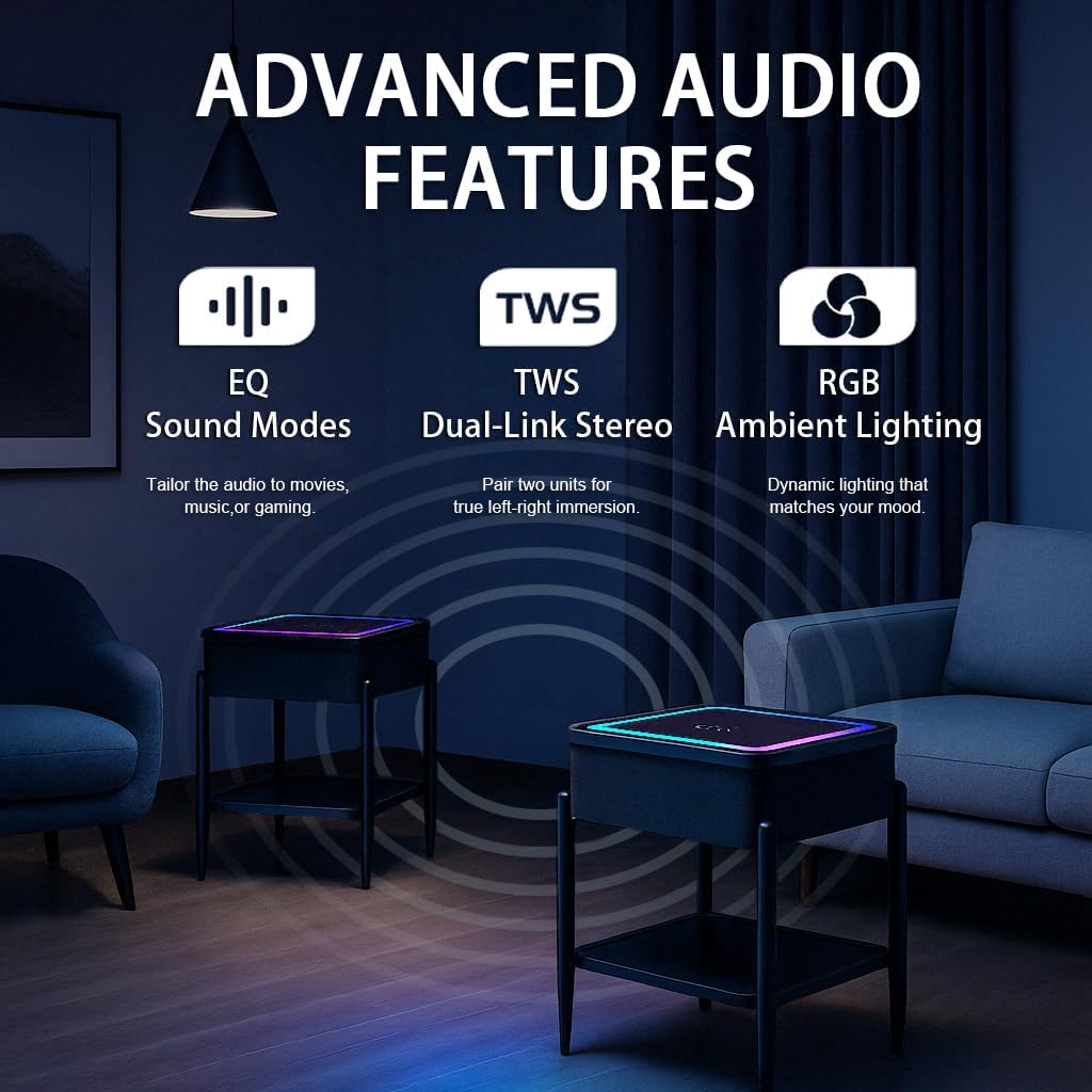 LED Smart Nightstand with Bluetooth Speaker & Wireless Charging, Modern End Table with RGB Lights, Tempered Glass Touch Panel, USB/Type-C/AUX Ports, Easy Assembly, 65W HiFi Sound System, Black