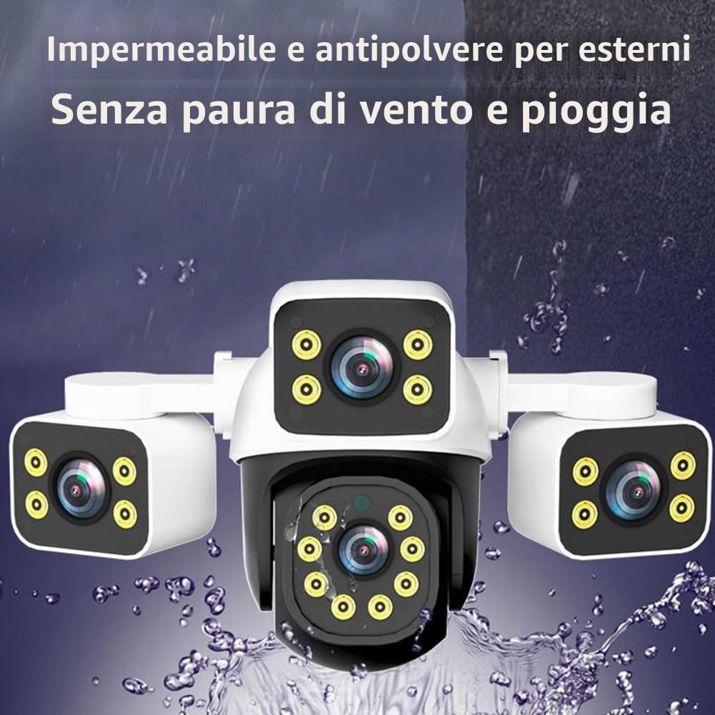 Whychstore Telecamera di sicurezza 4K HD WiFi, telecamera di sicurezza per esterni, tre obiettivi, 10 MP, telecamere domestiche professionali, visione notturna a colori, impermeabile (UK200)
