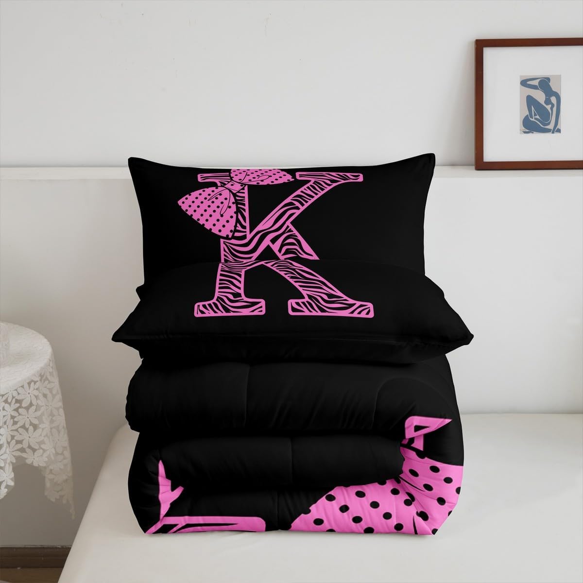 jejeloiu Pink Bow Kids Bedding Set Twin Size,Bow Pink Black Dots Comforter Set,Personalized Letter K Ultra Soft Duvet Quilt,Girl Bow Coquette Comforter Initial Letter K Bedroom Decor