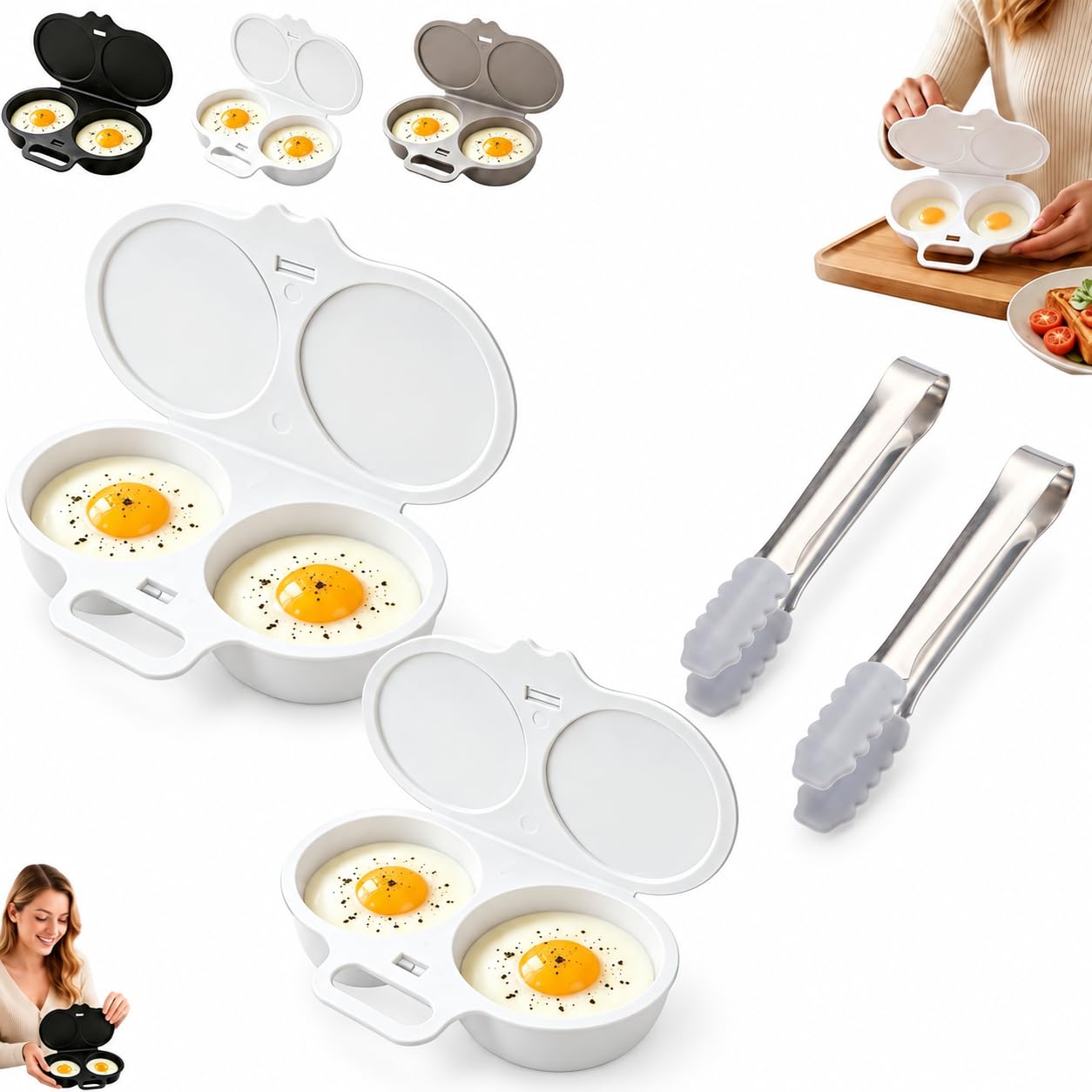 Microwave Egg Poacher, Dual Cavity with Lid and Handle (white＋clip 2PCS)