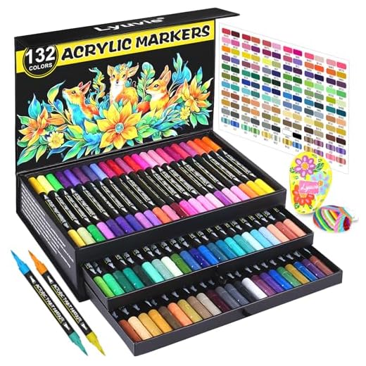 Lyuvie 132 Couleurs Feutre Acrylique,66 Pcs Acrylic Paint Marker Marqueur Peinture Acrylique Pointe Brush pour Roche Tissu Pierre Bois Verre Papier Plastique