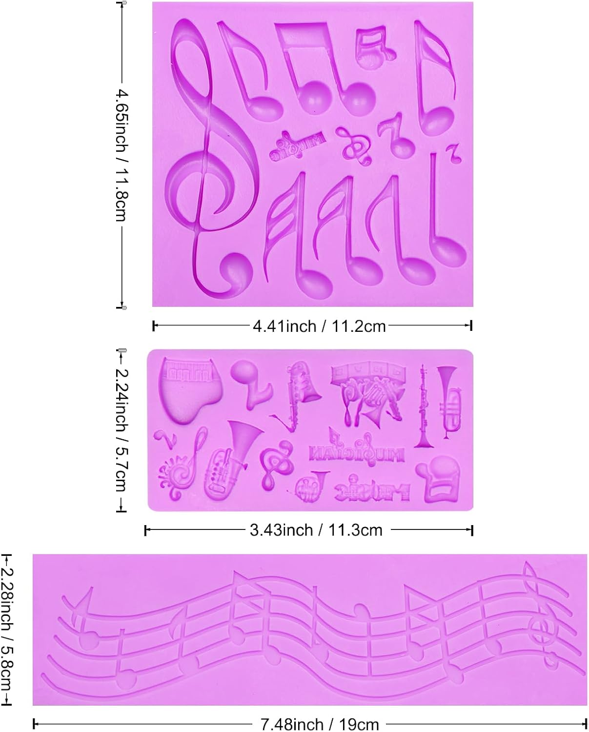 3 Pieces Music Note Fondant Molds Musical Instrument Music Lace Mat Silicone Molds for Cake Decoration Cupcake Topper Polymer Clay Chocolate Candy Gum Paste image 2