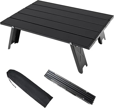 Small Folding Camping Table, Aluminum Portable Lightweight Camping Beach Table, Mini Foldable Micro Collapsible Compact Side Table for Picnic Outdoor Hiking Beach Travel BBQ Fishing Black