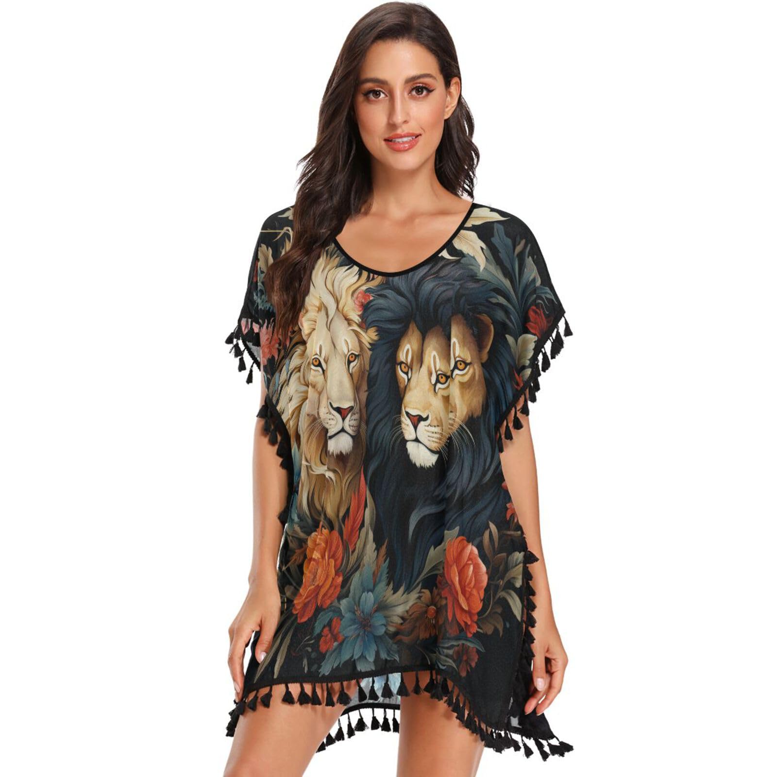 Winter King Lions Women's Beach Cover Up Chiffon Tassel Swimwear Swimsuit Coverups for Girl