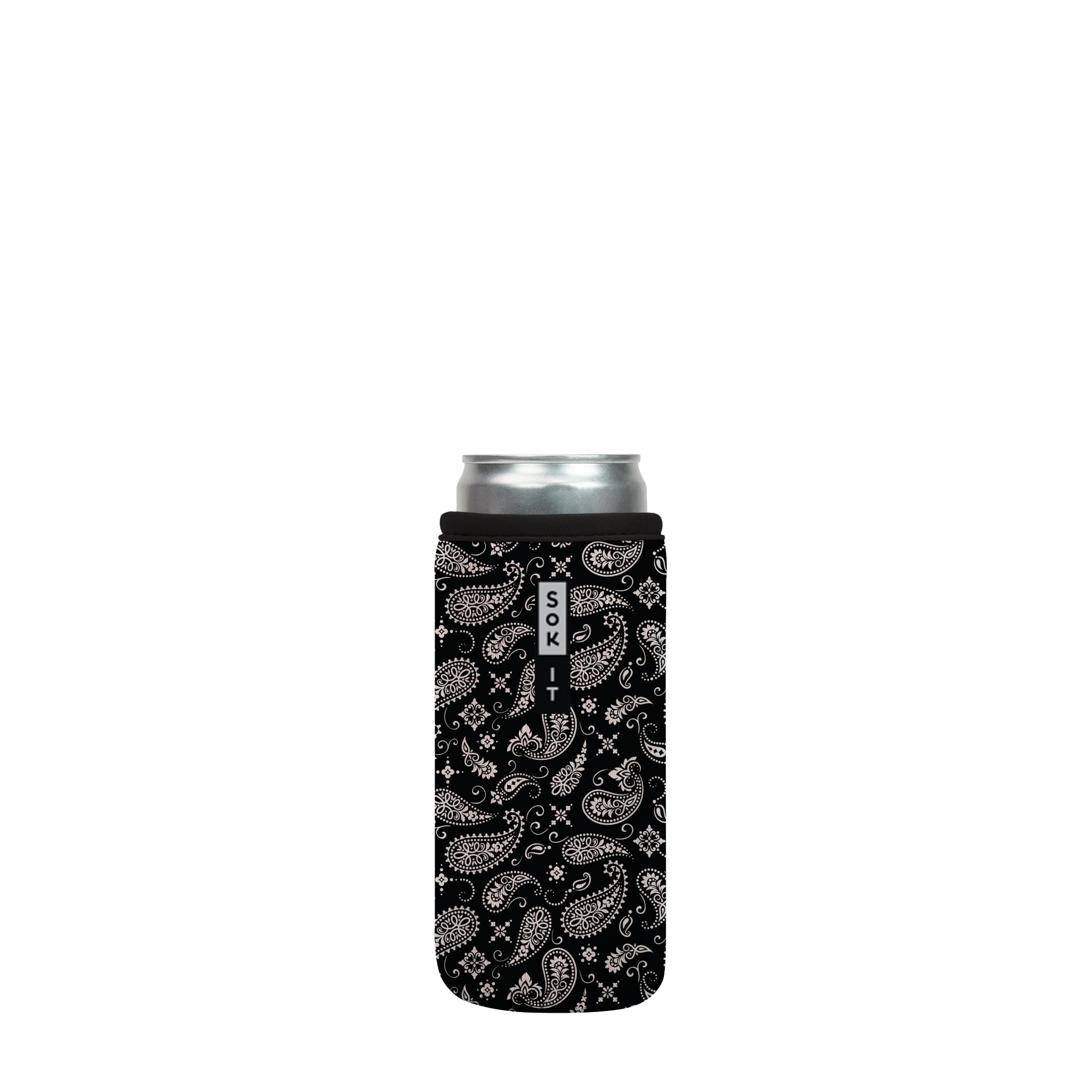 Sok It CanSok Sleeve for Beer & Soda Insulated Neoprene Cover (Black Bandana, 12oz Slim Can Sleeve)