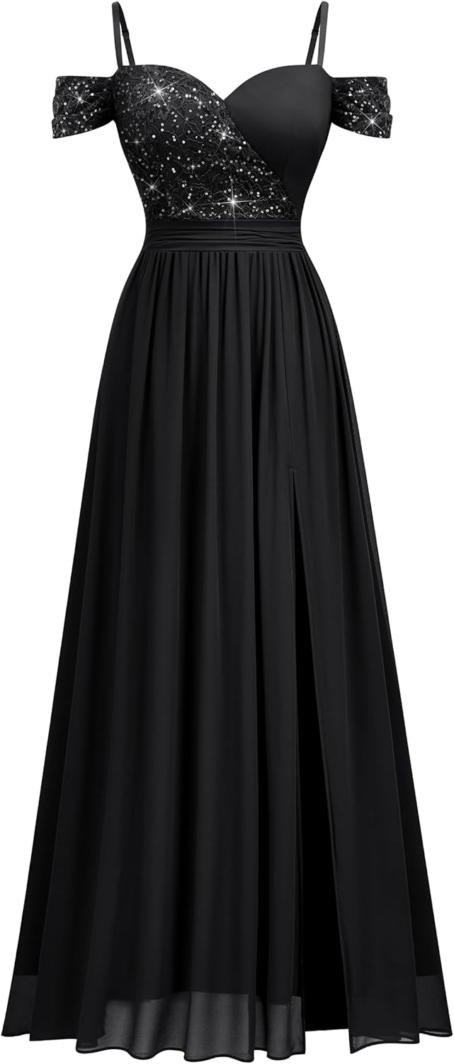 Miusol Women's Off Shoulder Elegant Sequined Split Spaghetti Straps Wedding Maxi Dress - Image 4