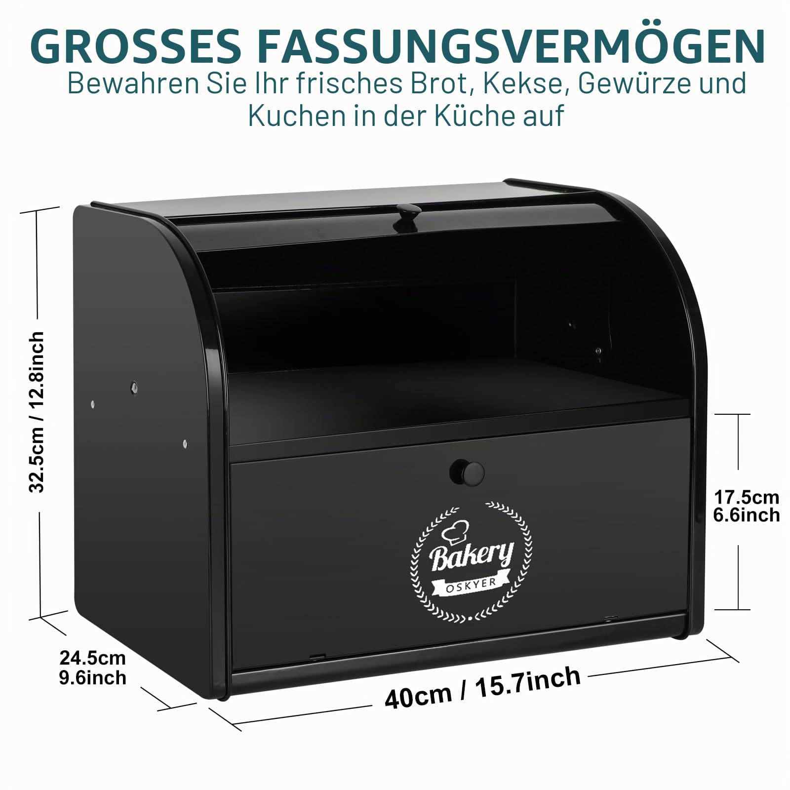 Brotkasten, Brotkasten für Küche, Große Aufbewahrungsbox mit Roll-Top-Deckel, Doppelter Metall-Brotbehälter, Aufbewahrungsbehälter für frische Brote, Kekse, Gebäck 40 x 32 x 24 cm (Schwarz)