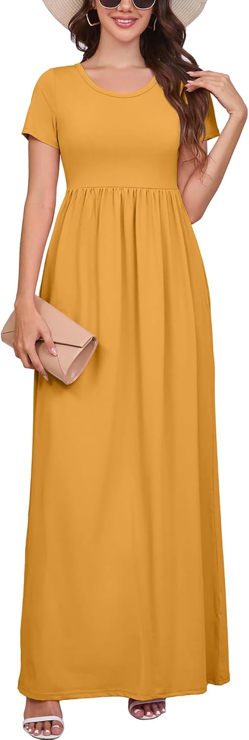 DEARCASE Maxi Dress for Women Short Sleeve Casual Summer Loose Plain Comfy Long Dresses with Pockets