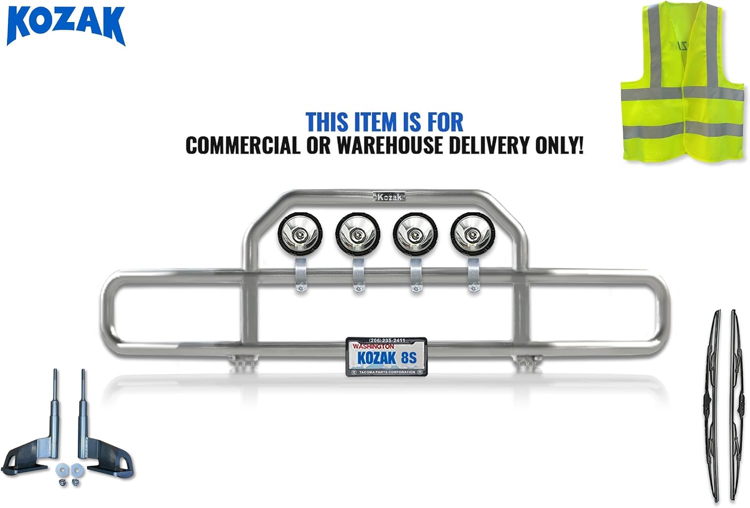 Chrome Front Grille Deer Moose Brush Bumper Guard with 4x 6" LED Lights Compatible With Freightliner Cascadia 2008-2017+ Mounting Brackets, Logo, 22'' Wipers, License Plate Holder and Frame and Vest