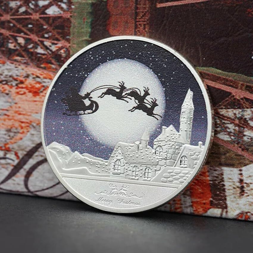 Christmas Commemorative Coin, Colorful Embossed Santa Claus Medal Merry Christmas Santa Claus (Silver Santa and Reindeer Silhouette Coin)