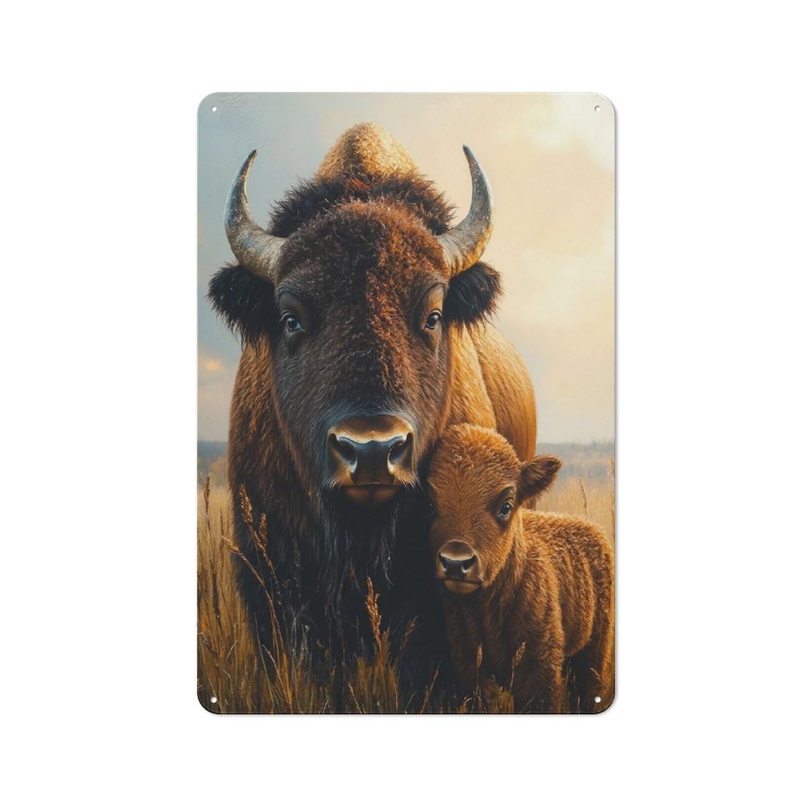 Junmoney Style-15 Shed Metal Sign With Bison Mother And Calf Portrait Design 30X20cm, Vintage Porch Wall Decor For Patio Bar, Workshop, Shed Or Kitchen