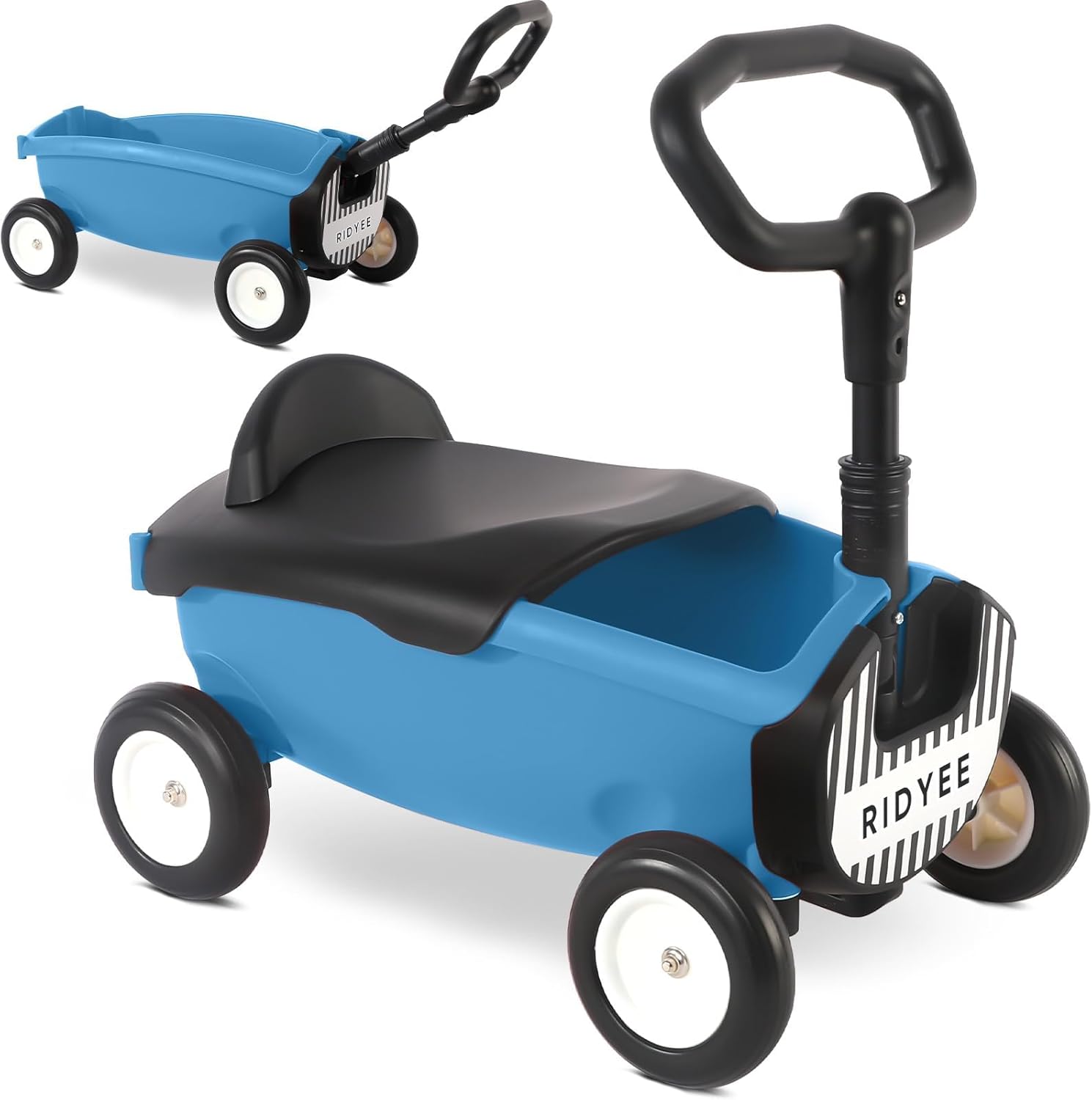 RIDYEE 2-in-1 Toddler Wagon for 1-3 Year Olds - Pull-Along Toy with Seat, 8L Basket, All-Terrain Wheels, Adjustable Handle, Blue