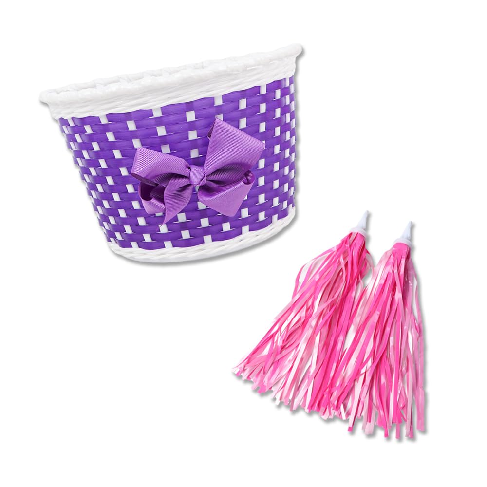 AVASTA Kids Bike Basket with Cycling Handle Streamers Set, Decorative Front Basket for Girls Bicycle, Easy to Install, Includes Colorful Streamers & Mounting Straps, Purple