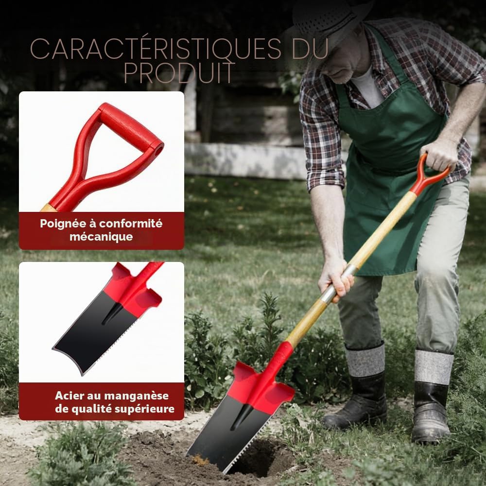 Beche Jardinage 142CM,Beche,Outil Creuser Trou Terre avec Larges Bords de Pédale,Root Slayer,Pelle Jardin Convient à l'éradication des Racines,avec des Dents Sillées (Plat)