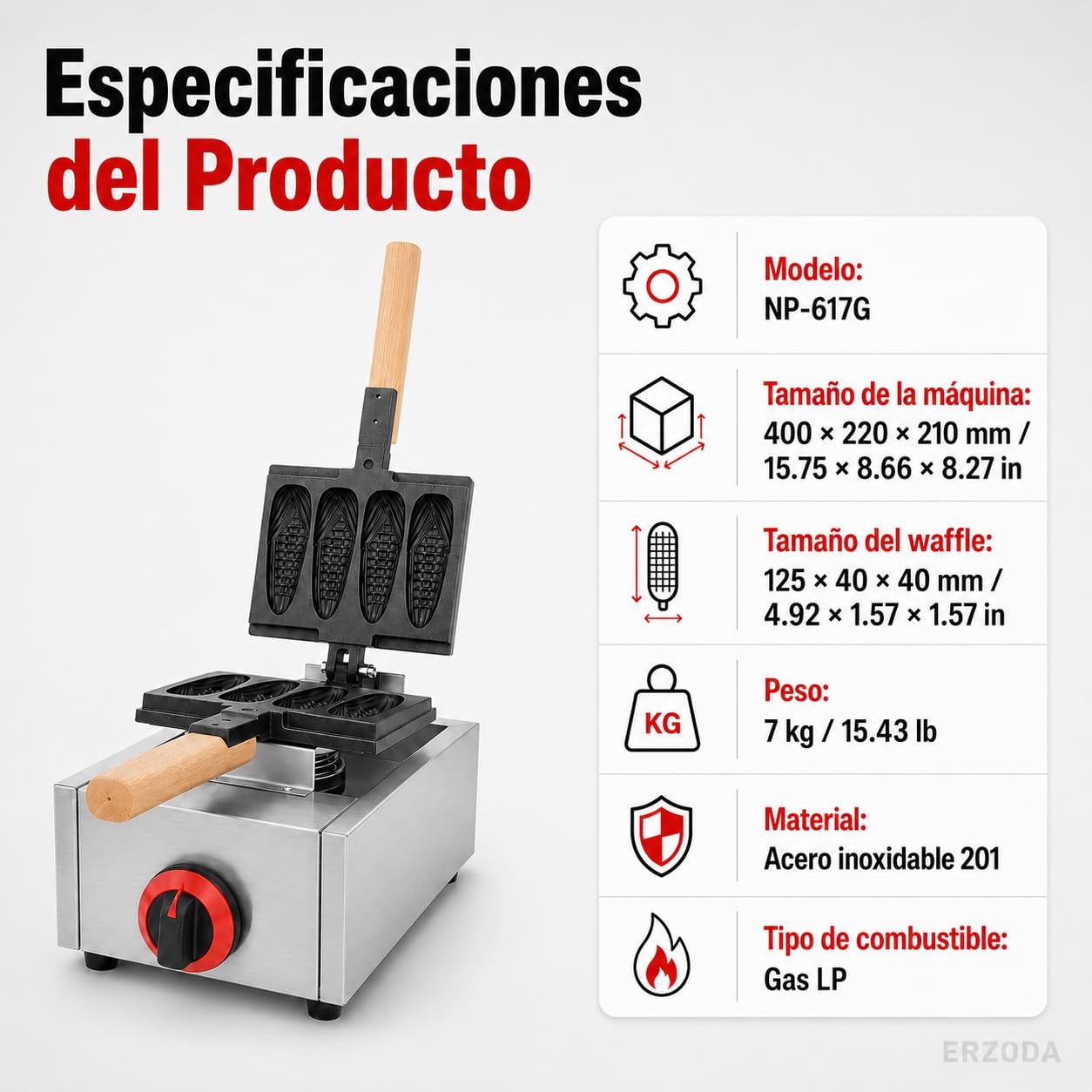 ERZODA Máquina de Gofres de Maíz a Gas Butano Propano, Gofrera Comercial con 4 Moldes para Churrería, Cafetería y Puesto Ambulante