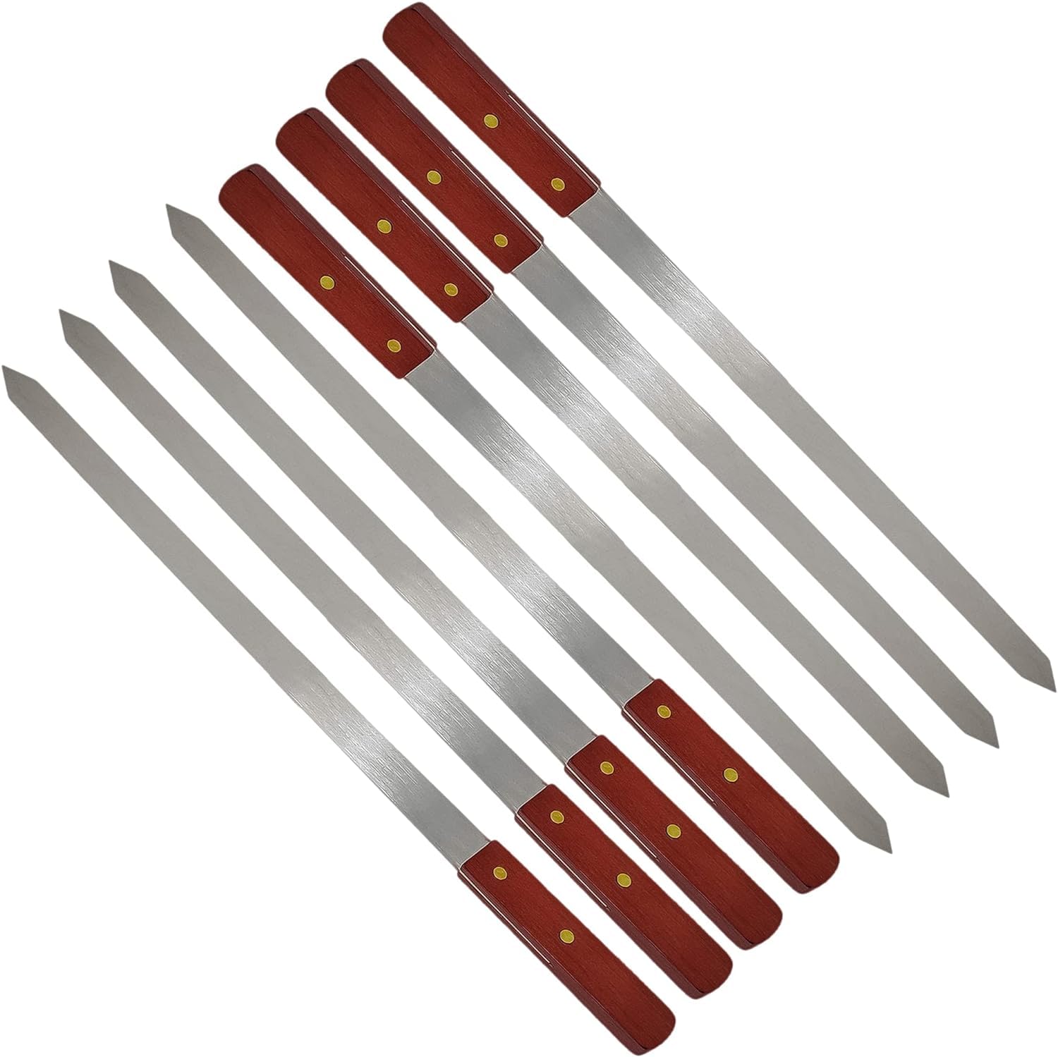 SDMAX Long BBQ Barbecue Skewers Wooden Handle, Grilling Kebab Flat Reusable Skewers, Metal Skewer Sticks for BBQ, Cocktail, Shish Kabab, Party Essentials, 58CM Long (Pack of 8)