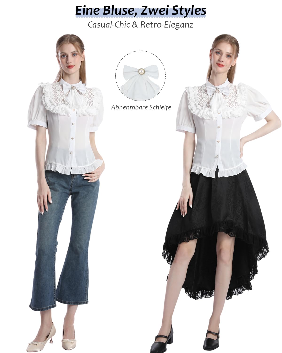 Fiamll Camicetta da donna vittoriana vintage con fiocco, colletto alto con volant a maniche lunghe, Bianco #4.
