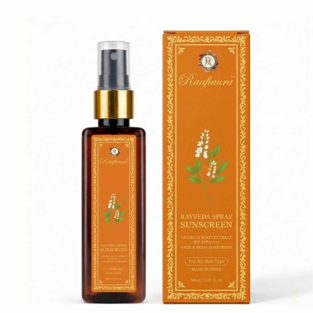 rayveda spray sunscreen with spf 50 pa++++ | lightweight mist| licorice root and carrot seed extract | zero white cast