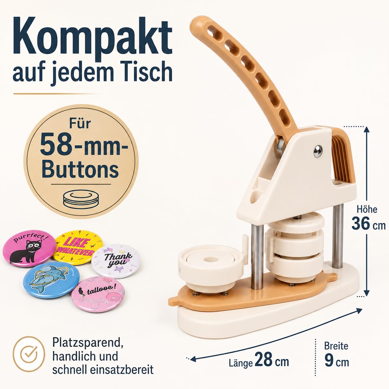 ButtonManufaktur Buttonmaschine 58 mm Set inkl. Material für 100 Buttons & Kreisschneider – Button Maker, Badge Maker und Buttonpresse für Anstecker, Pins, Vereine, Events & Workshops