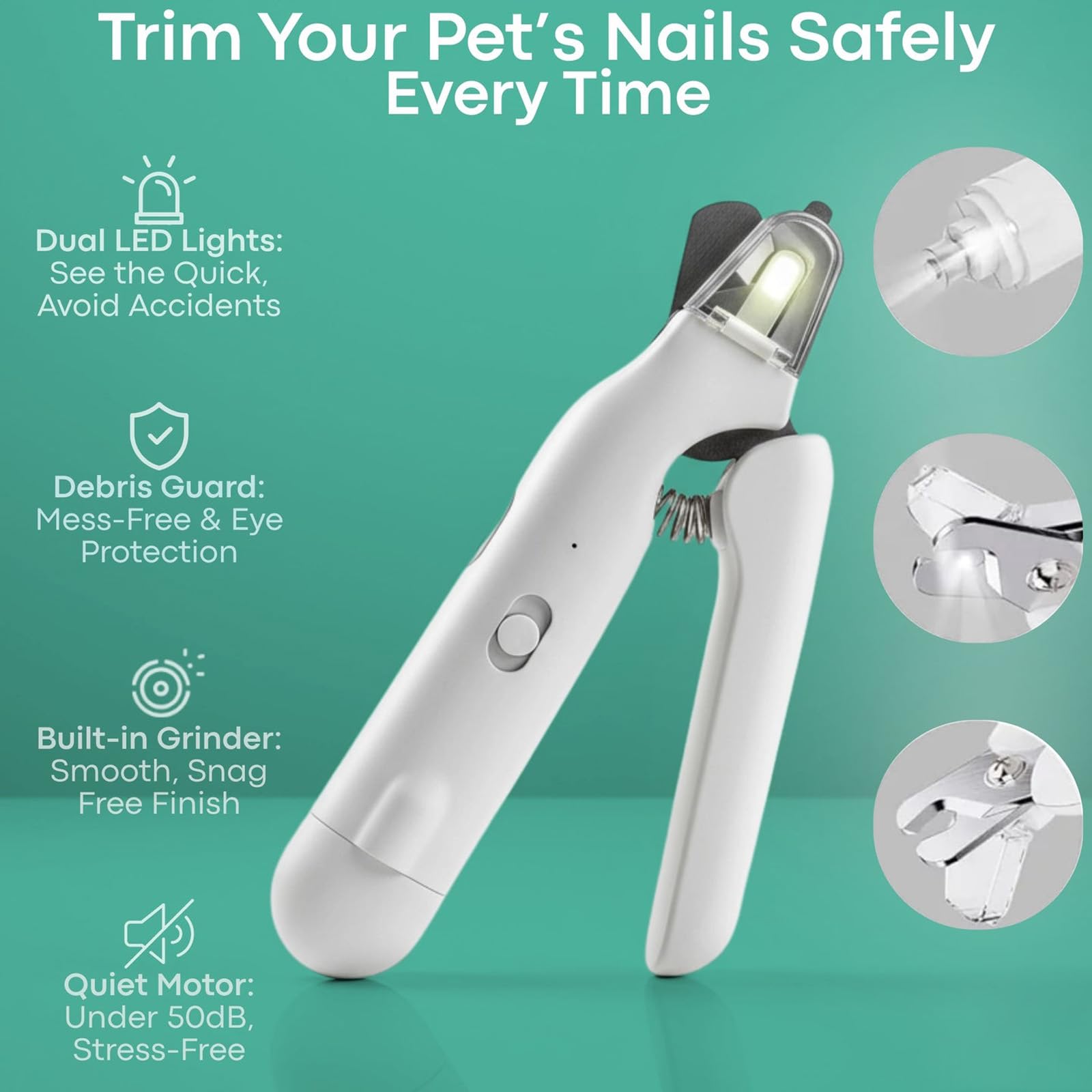 The Safetrim By Pupnourish, Safetrim Dog Nail Cutter, Dog Nails Clippers With Safety Guard, Pet Claw Clippers With Light, Injury-Free Nail Trimming, Low-Noise, Built-In Grinder (White)