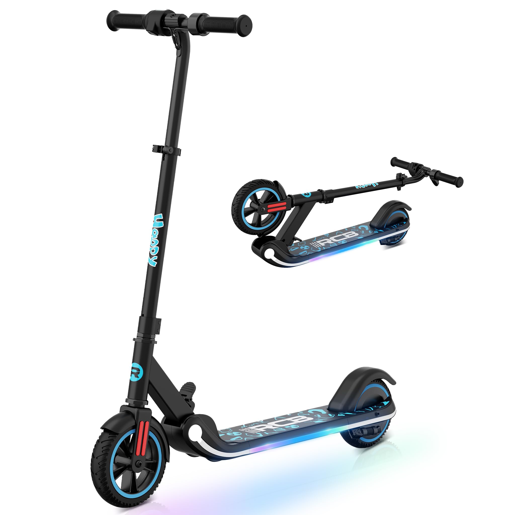 RCB Patinete Eléctrico para Niños 6-12 Años, 150W Motor - Máx.16 Km/h - Luz LED Arcoíris - Plegable - Pantalla LED - Velocidad y Altura Ajustables, Regalo para niños y Adolescentes
