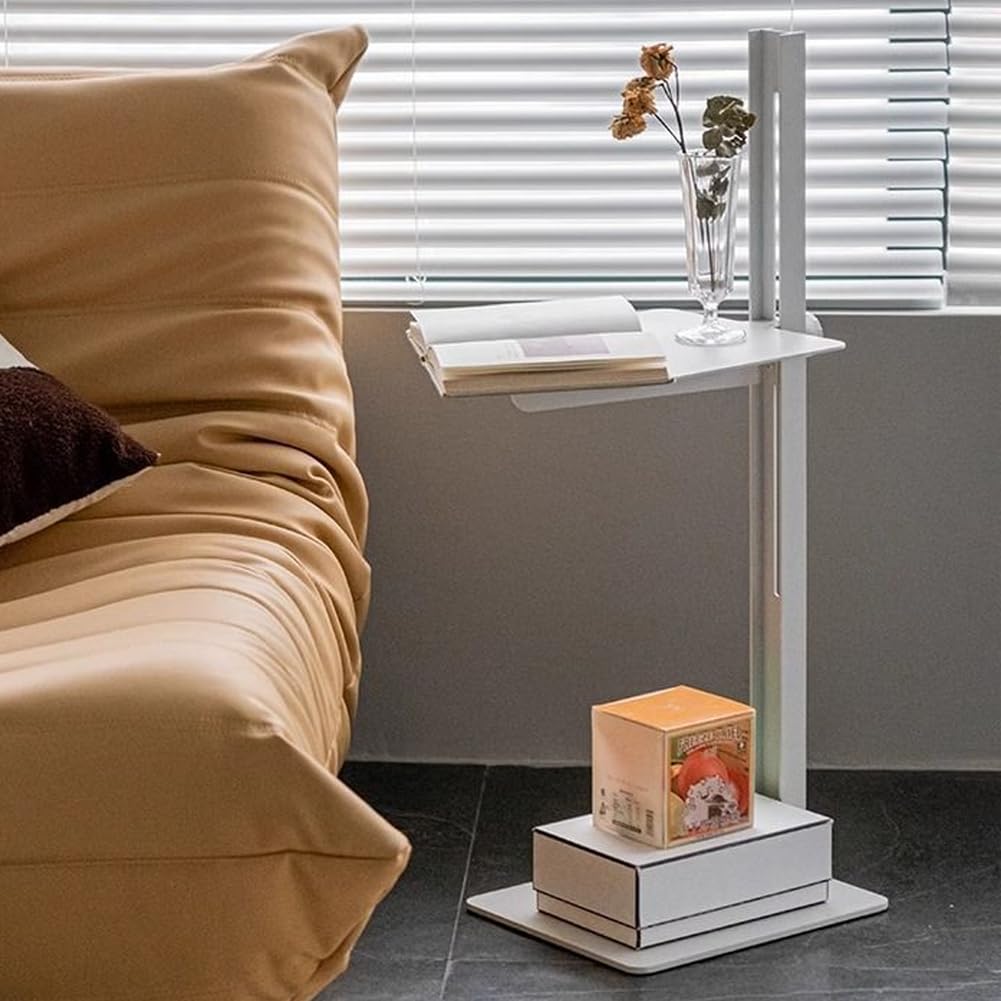 SXZenSpace Metal C-Shaped Side Table with Lifting Top,Snack Coffee End Adjustable Height,Couch Tables That Slide under for Living Room,White
