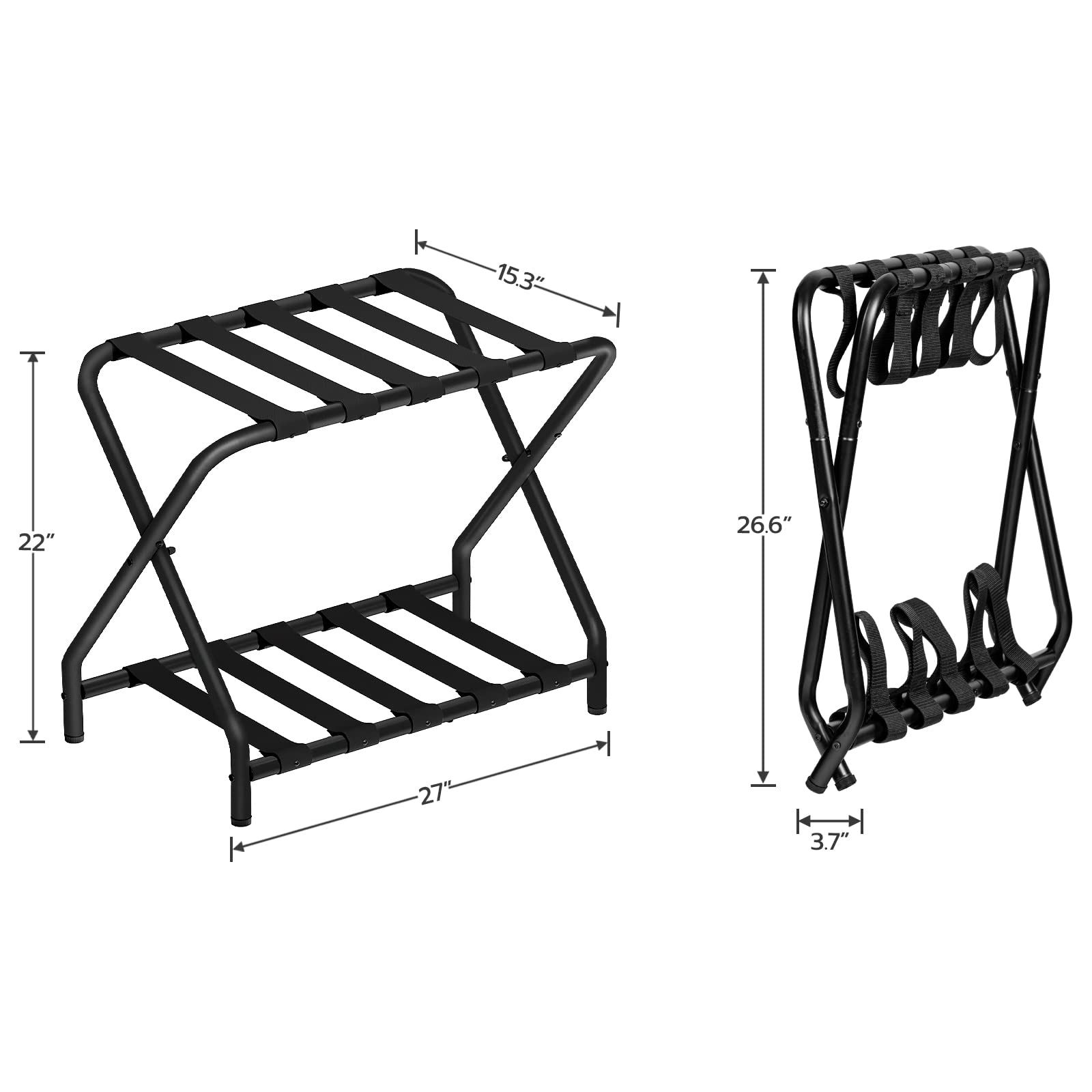 HOOBRO Folding Luggage Racks Set of 2, Double Tiers Suitcase Stand for Guest Room, 27 x 15.3 x 22 Inches, Metal Luggage Holder with Shoe Shelf, Space Saving, Bedroom, Hotel, Black BK03XLP201G2