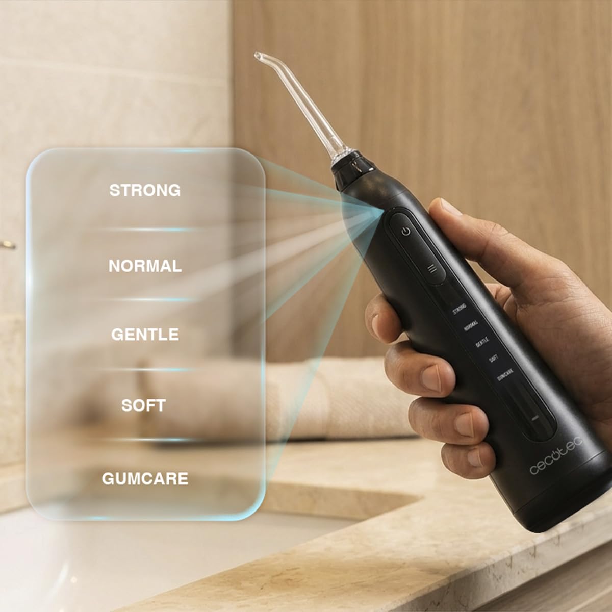 Cecotec Idropulsore Dentale Portatile Irrigatore Orale Professionale ToothCare 6000 Jet Liberty.Auton. 30 Giorni, Serbatoio 180ml, 30-80PSI, 1500 Impulsi/min, Testine Magnetiche, IPX7, Igiene Completa