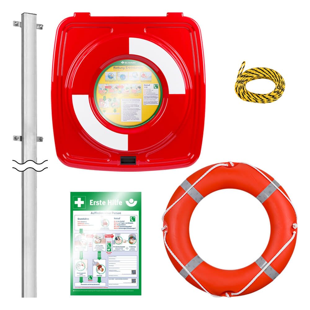 Rettungsring-Set 4-teilig, mit Pfosten, Kasten und Rettungsleine, zum Einbetonieren, Art.-Nr. 611996