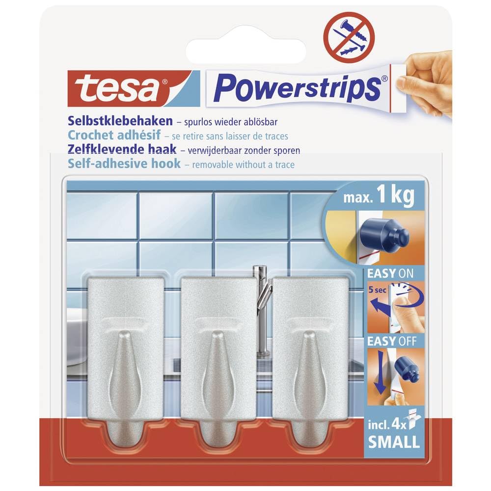 tesa UK Powerstrips Hooks Small Trend - Removable Self-Adhesive Wall Hook for Glass, Tiles, Wood, Plastic and Other Surfaces - Waterproof - Matt-Chrome - Strong Hold up to 1 kg, 57544-00010-03