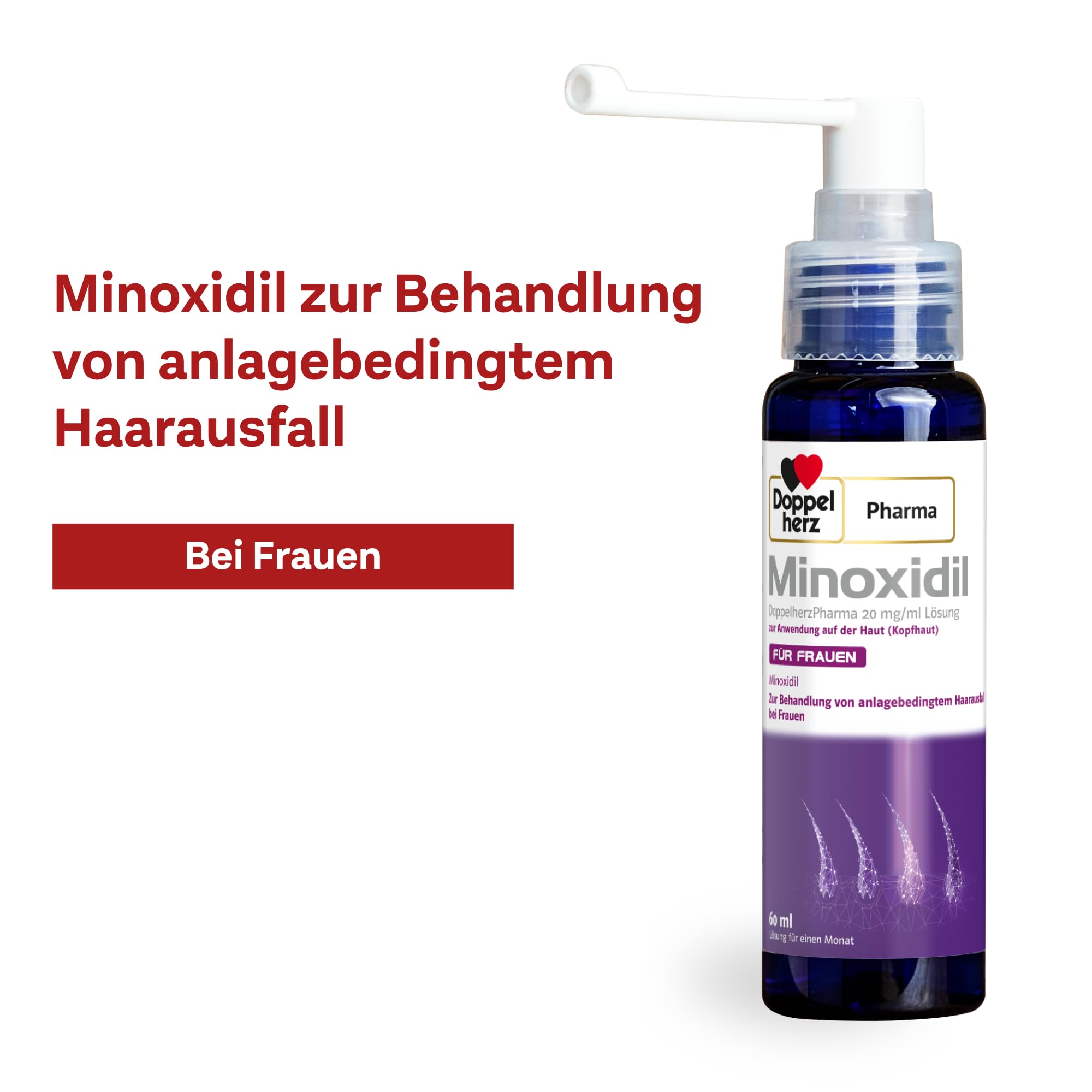 Minoxidil DoppelherzPharma 20mg/ml (2%) Lösung zur Anwendung auf der Haut (Kopfhaut) – Arzneimittel zur Behandlung von anlagebedingtem Haarausfall bei Frauen (2x3x 60ml)