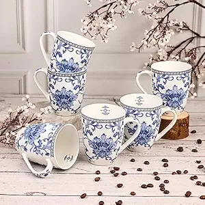 Anwaliya Aulis Tapered Bone China Coffee Mugs, 280 ml, Set of 6, Blue Flower