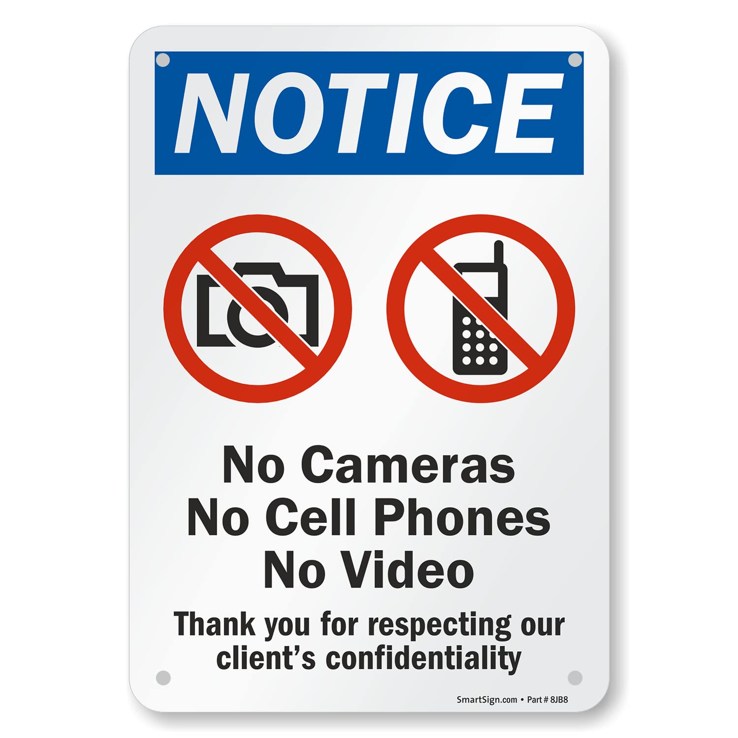 SmartSign - S-8658-AL-10 "Notice - No Cameras, Cell Phones, Video" Sign | 7" x 10" Aluminum Black/Blue/Red on White