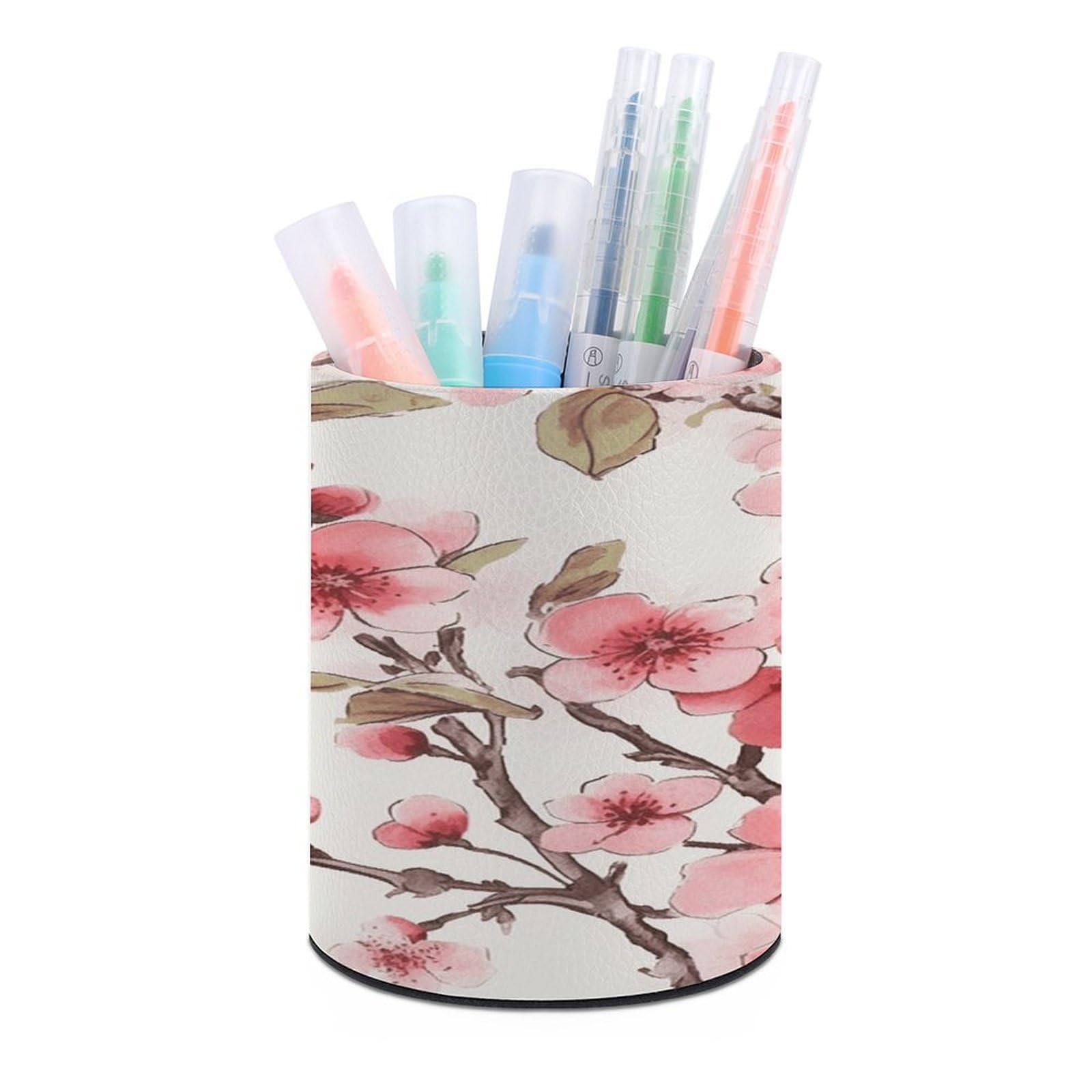 VstaDank Cherry Blossom Pen Holder PU Leather Pencil Cup Minimalist Desk Pencil Holder Round Make Up Brush Organizers For Office Dorm Room&Vanity Desk Accessories