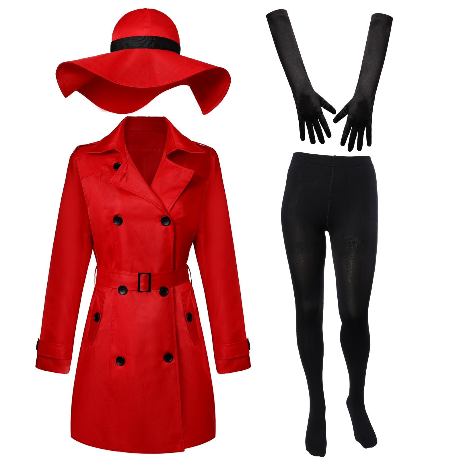 crowye 4 Pcs Halloween Women's Red Trench Coat Costume Set Double Breasted Classic Lapel Overcoat with Hat Gloves and Tights-picture-52