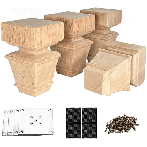 4 Inch Wooden Furniture Legs with Mounting Plates Screws Set of 4 Solid Wood Unfinished European Style Replacement Furniture Feet for Couch Cabinet Sofa Ottoman TV Stand Home DIY Projects (4 inch)